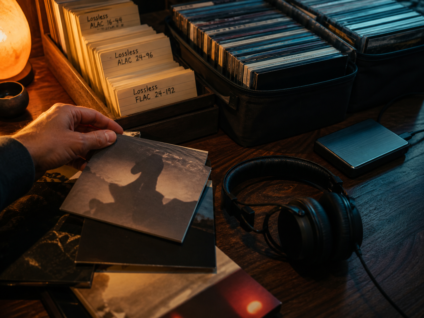 A desk with CD cases, index cards labelled ALAC and FLAC, headphones and a portable drive holding a local music collection.