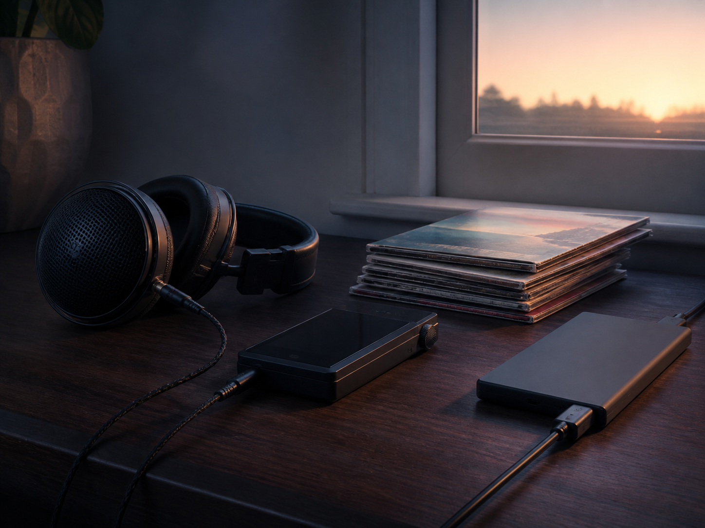 Headphones, a portable player and an external drive beside a stack of album sleeves on a windowsill at dusk.