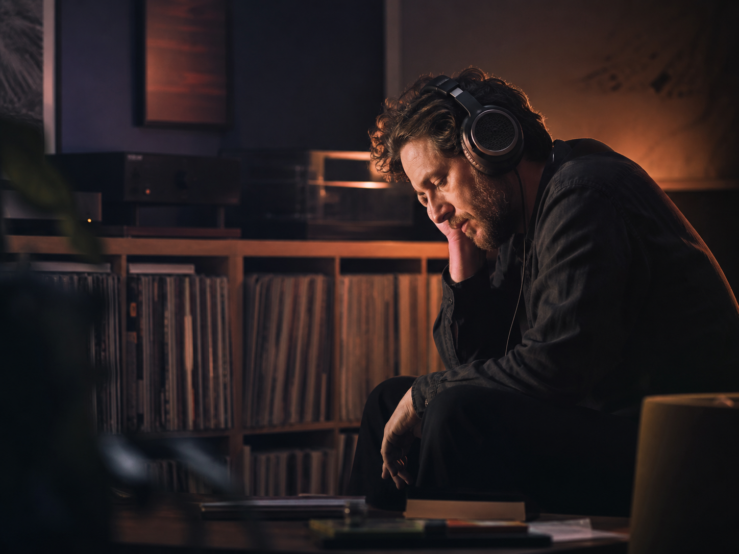 A listener wearing over-ear headphones, sitting in a warm-lit room lined with shelves of records.